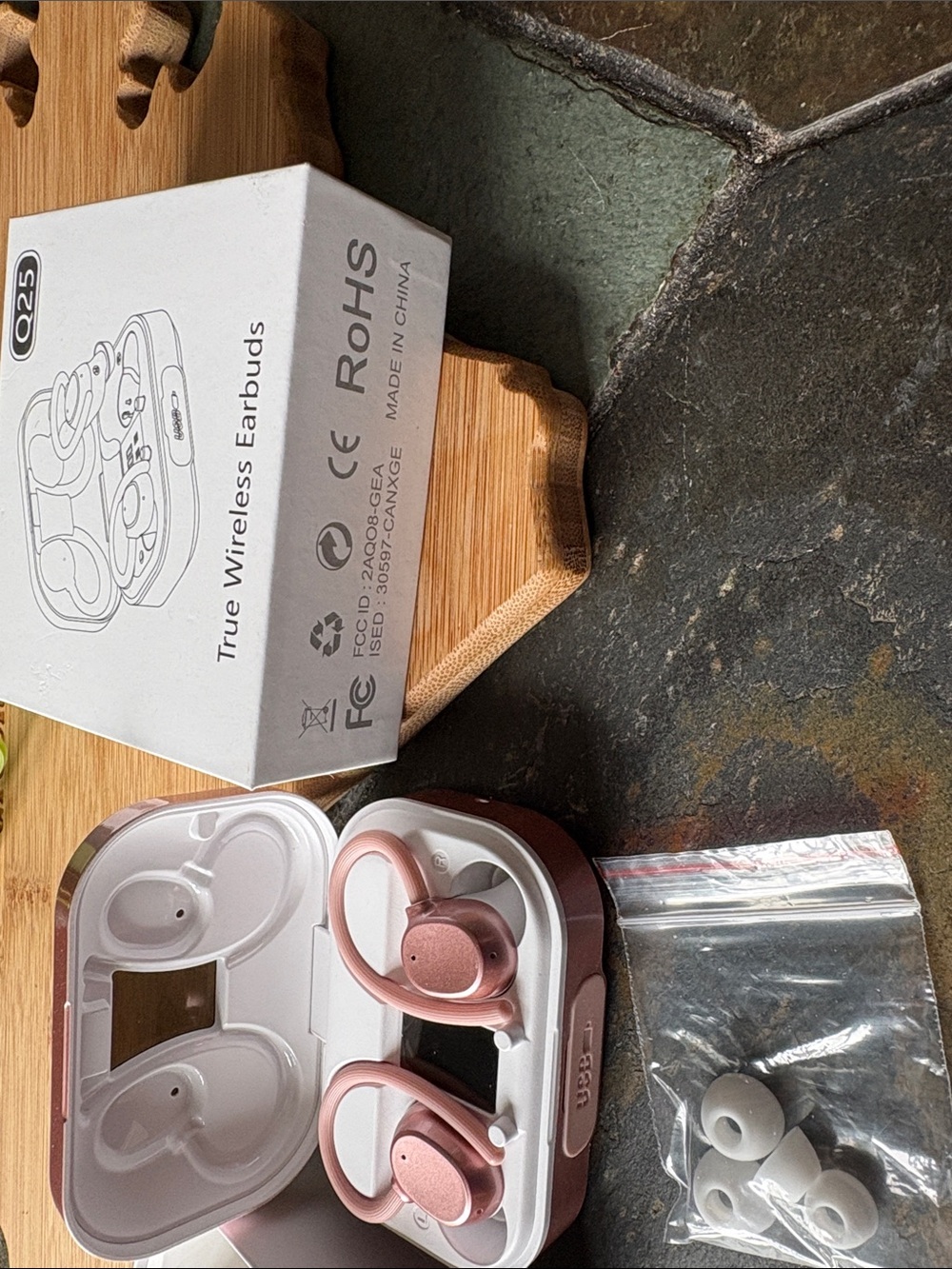 Q25 Pink True Wireless Earbud Headphones with Charging Case